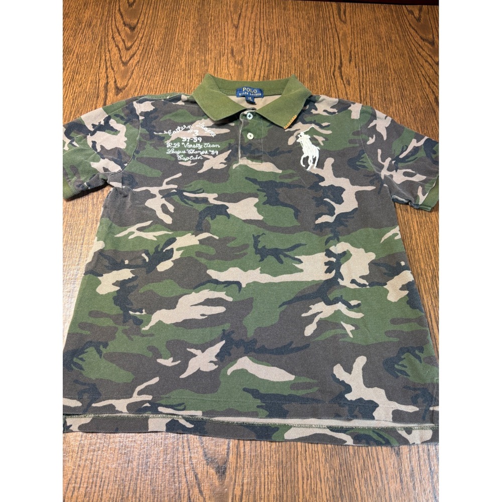 Polo Ralph Lauren Boys Camo Big Pony Varsity Team Polo Shirt Green L 14-16